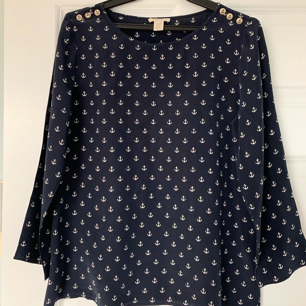 J.Crew Anchor Print Silk Navy Blouse, Size 4